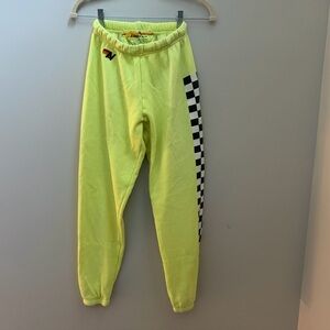 Women’s Aviator Nation Neon Yellow Joggers with Checkered Stripe Size XS